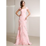 A-Lijn/Prinses Ronde Hals Korte Sleep Chiffon Avondjurk met Roes (017014216)
