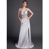 Gaine Traine courte Charmeuse Robes de Bal de Promo avec Brodé (018015889)