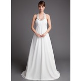 Empire Bretelles autour du cou Traine courte Mousseline Robe de Mariée avec Ondulé Perlé (002001313)