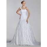 Ligne-A/Princesse Une epaule Traine courte Satin Tulle Robe de Mariée avec Ondulé Dentelle (002004516)