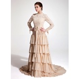 A-Lijn/Prinses Hoge Neck Lange Sleep Chiffon Kant Avondjurk met Roes (017020660)