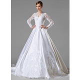 bal Col V Traîne Cathedral Satin Robe de Mariée avec Ondulé Dentelle (002004745)
