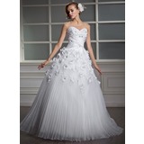 bal Cœur Longeur au sol Organza Satin Robe de Mariée avec Dentelle Perlé Fleurs (002006700)