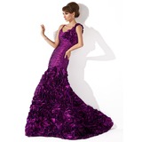 Sirene Col rond Traine courte Taffetas Robe de Soirée avec Ondulé Fleurs (017013776)