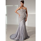 Sirene Cœur Traine longue Mousseline Dentelle Robes de Soirées avec Ondulé (017014446)