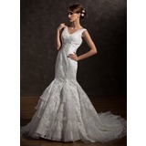 Sirene Col V Traine courte Satin Tulle Robe de Mariée avec lacet Perlé (002001280)