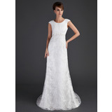 Coupe droite Col rond Traine longue Satin Tulle Robe de Mariée avec Ondulé Dentelle Perlé (002001630)