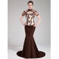 Zeemeermin Hoge Neck Lange Sleep Satin Tule Satijnzijde Avondjurk met Lace Kraal Lovertjes (017019454)