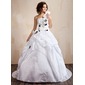 bal Une epaule Traine courte Taffetas Robe de Mariée avec Ondulé Dentelle Perlé Fleurs Sequins (002001432)