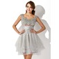 A-Line/Princess Scoop Neck Short/Mini Tulle Charmeuse Cocktail Dress With Ruffle Beading Sequins (016005838)