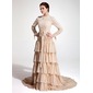 A-Lijn/Prinses Hoge Neck Lange Sleep Chiffon Kant Avondjurk met Roes (017020660)