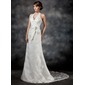 Ligne-A/Princesse Bretelles autour du cou Traine courte Satin Dentelle Robe de Mariée avec Echarpes Perlé Sequins (002011503)