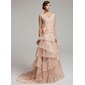 Ligne-A/Princesse Col V Traine longue Organza Robe de Mariée avec Ondulé Dentelle Perlé Fleurs (002017527)