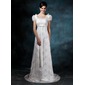 Coupe droite Col rond Traine courte Satin Tulle Robe de Mariée avec Dentelle (002011643)